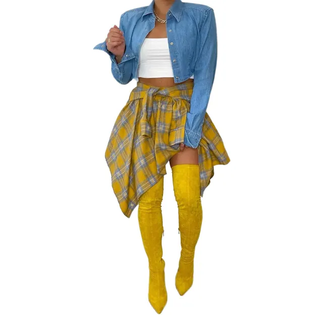 Women's Fashion Irregular Plaid Tied Sleeve Fake Shirt Skirt Yellow - Shop at LoveMi