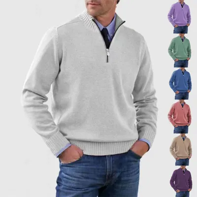 Men's Stand Collar Zipper Sweater Winter Fashion Solid Color Long Sleeve Knitted Top Clothing