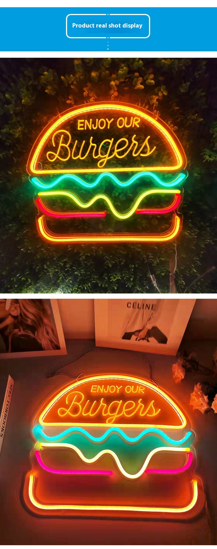 Title 2, LED Neon znak Hamburger Pizza Svetlo Ukrasite p...