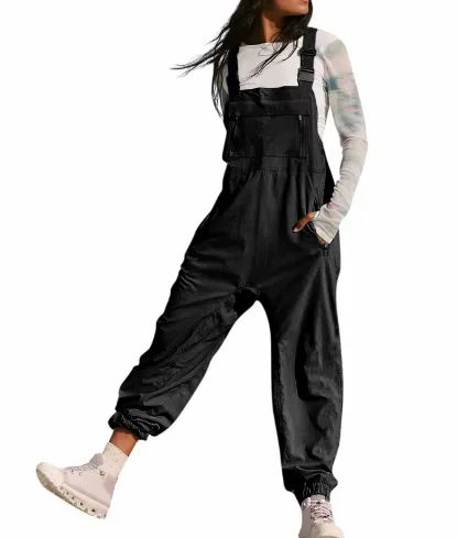 Working Bib Top Pants Fashion Leisure Tappered Jumpsuit Black - Shop at LoveMi