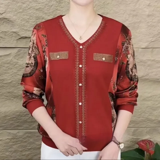 Women's Long sleeved T shirt V neck Rhinestone Mom Wear Loose Belly covering Slimming Top Red - Shop at LoveMi