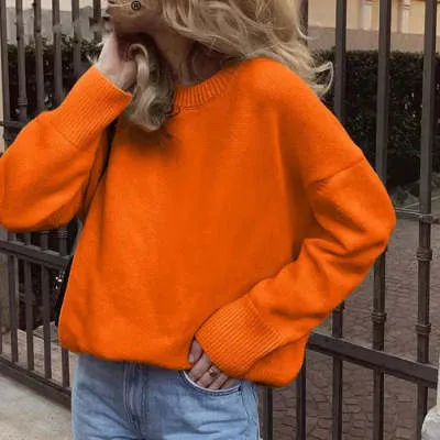 Women's Crew Neck Pullover Sweater - Orange