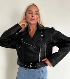 Fashionable Washed Faux Leather Motorcycle PU Zipper Jacket - Black - View 1