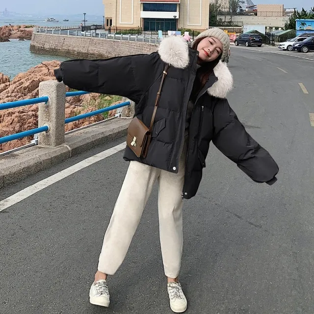 Women's Hooded Solid Color Casual Big Fur Collar Cotton Jacket Black - Shop at LoveMi