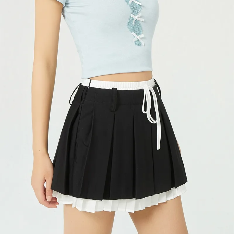 High Waist College Style Fake Two-piece Fashion Slimming A- Line Pleated Short Skirt - Black