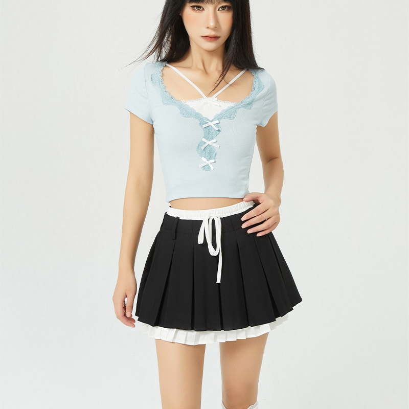 High Waist College Style Fake Two-piece Fashion Slimming A- Line Pleated Short Skirt