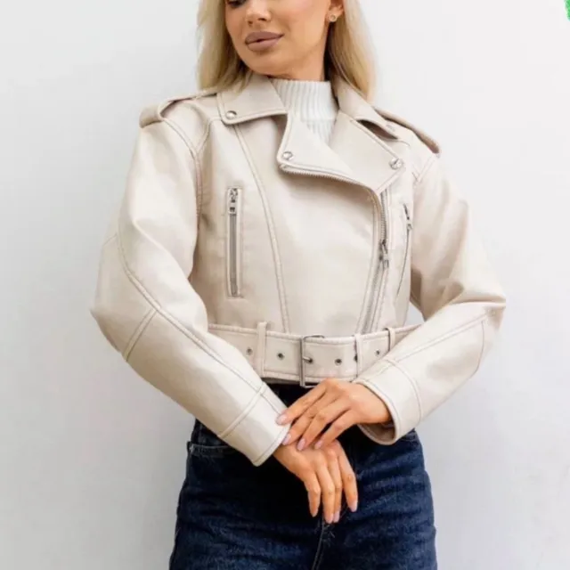 Fashionable Washed Faux Leather Motorcycle PU Zipper Jacket Milky White - Shop at LoveMi