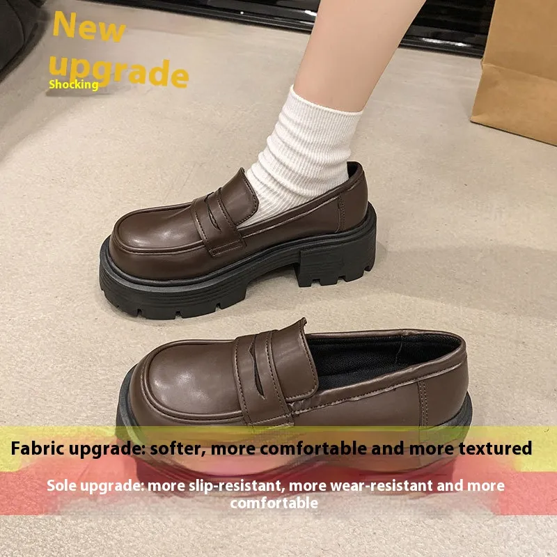 Autumn New Slip-on Round Head Thick Bottom Heightened Single Layer Shoes - Brown