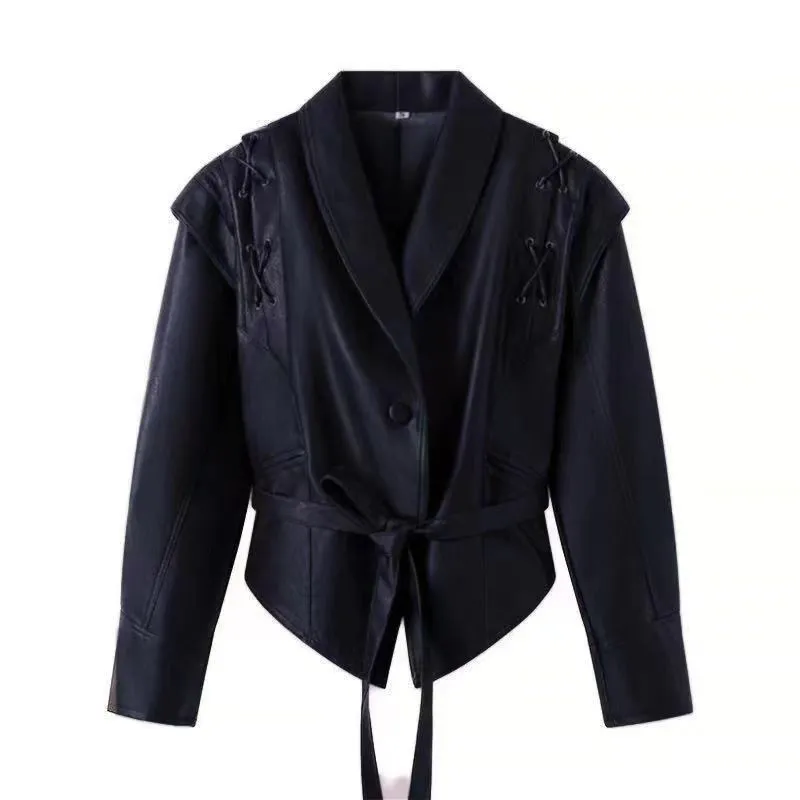Coffee Brown Lace-up Loose Casual Leather Clothing Coat - Black