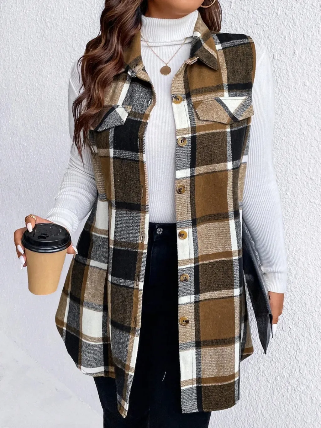 Women's Fashion Plaid Sleeveless Vest Loose - Camel Color