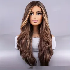 26-inch Elegant Women's Wig Brown Mixed Colour Wavy Long Hair Synthetic Fibre Rose Mesh Cap Daily Wear - Dark Brown - View 1