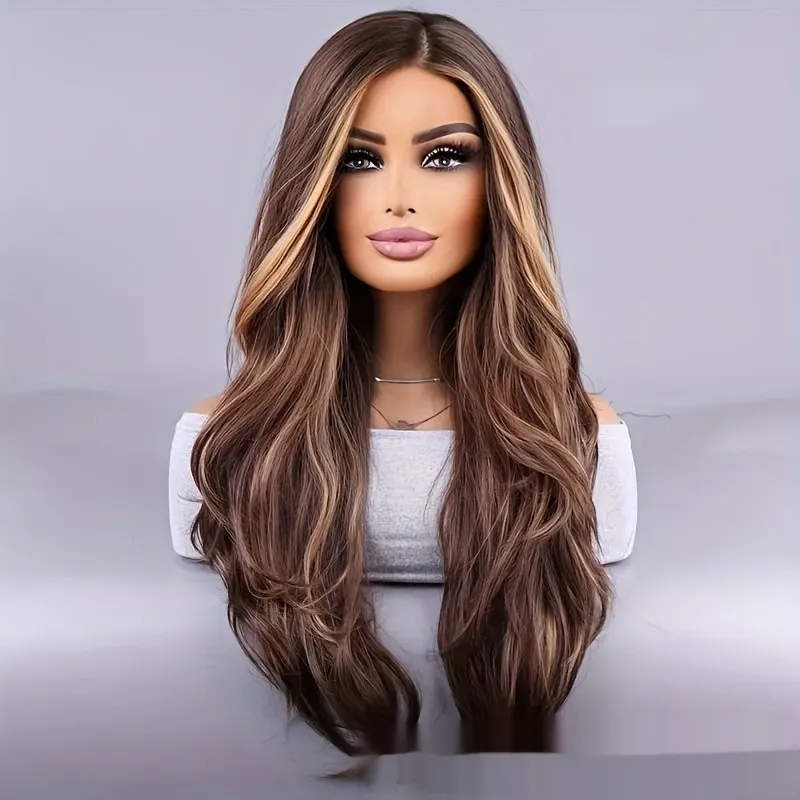 26-inch Elegant Women's Wig Brown Mixed Color Wavy Long Hair Synthetic Fiber Rose Mesh Cap Daily Wear - Dark Brown