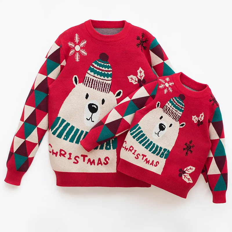 Parent-Child Outfit A Family Of Three Christmas Red Sweaters - Red