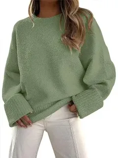 Women's Fashion Casual Round Neck Long Sleeve Plush Sweater Top - Olive - View 1
