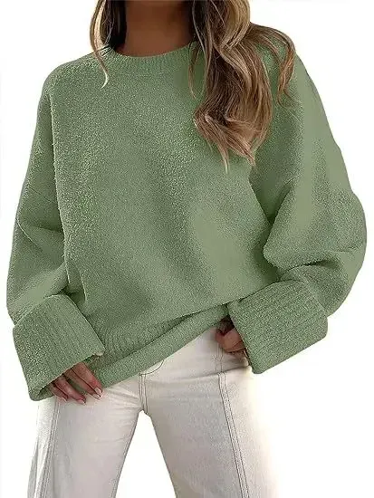 Women's Fashion Casual Round Neck Long Sleeve Plush Sweater Top Olive - Shop at LoveMi