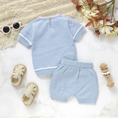 Baby's Round Neck Solid Color Knitted Short-sleeved Shirt Shorts Suit