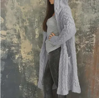 Coarse Women Loose Twist Braids Lazy Wind Hooded Long Cardigan Sweater - Grey