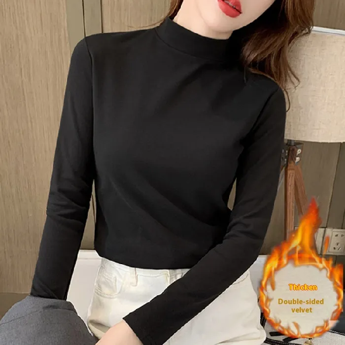 Half Turtleneck Thermal Base Fallwinter Slim All-match Long Sleeve T-shirt - Black