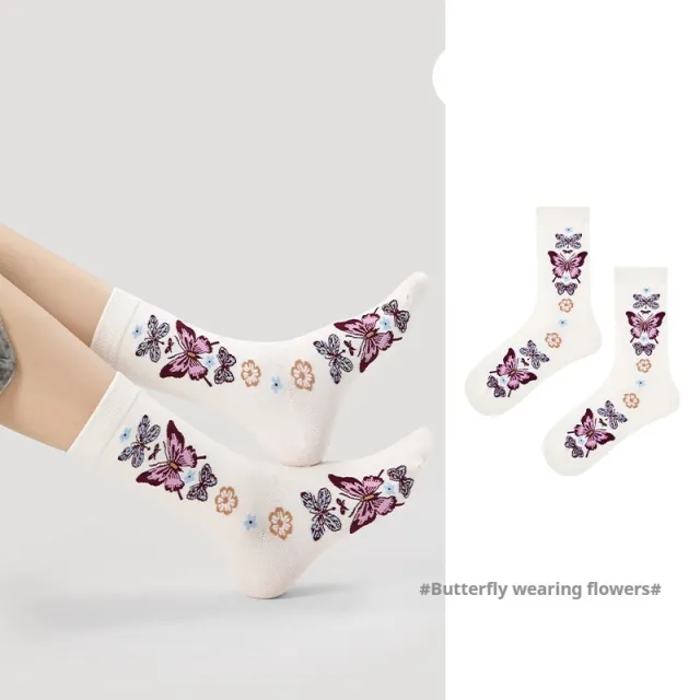 Niche Vintage Court Style Thin Middle long Stockings R8813 Wear Flower Butterfly - Shop at LoveMi