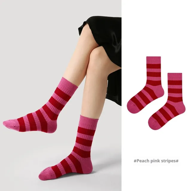 Niche Vintage Court Style Thin Middle long Stockings R8793 Peach Pink Stripes - Shop at LoveMi