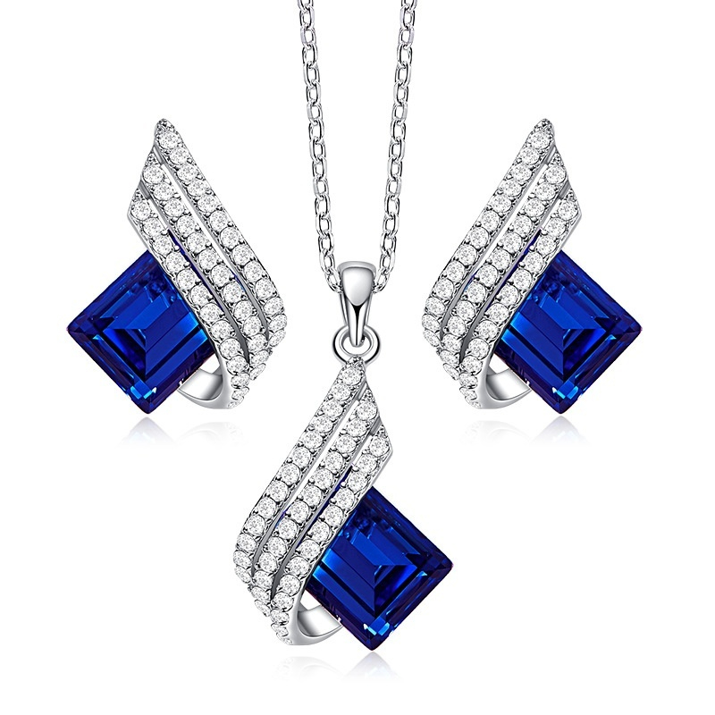 S925 Sterling Silver Women's Chain Unique Crystal Pendant Necklace And Earring Suit