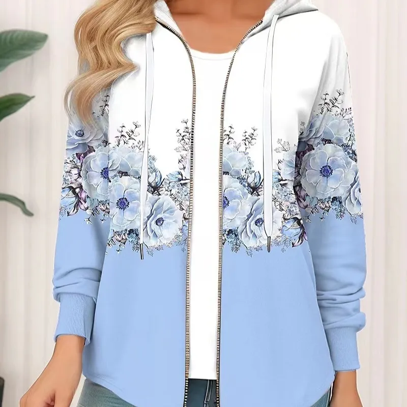 Casual Printed Full-zip Cardigan Coat - Blue
