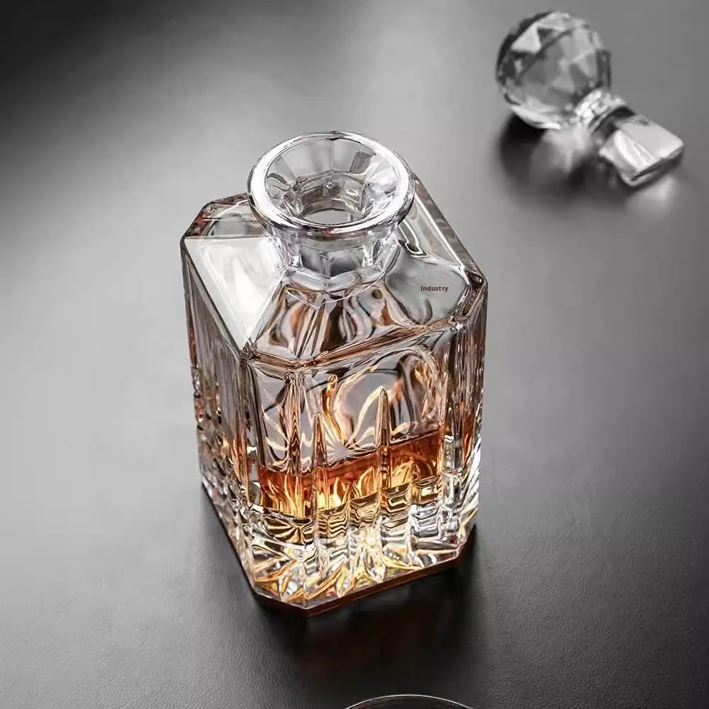 Crystal Whiskey Decanter and Glass Set with Engraved Pattern