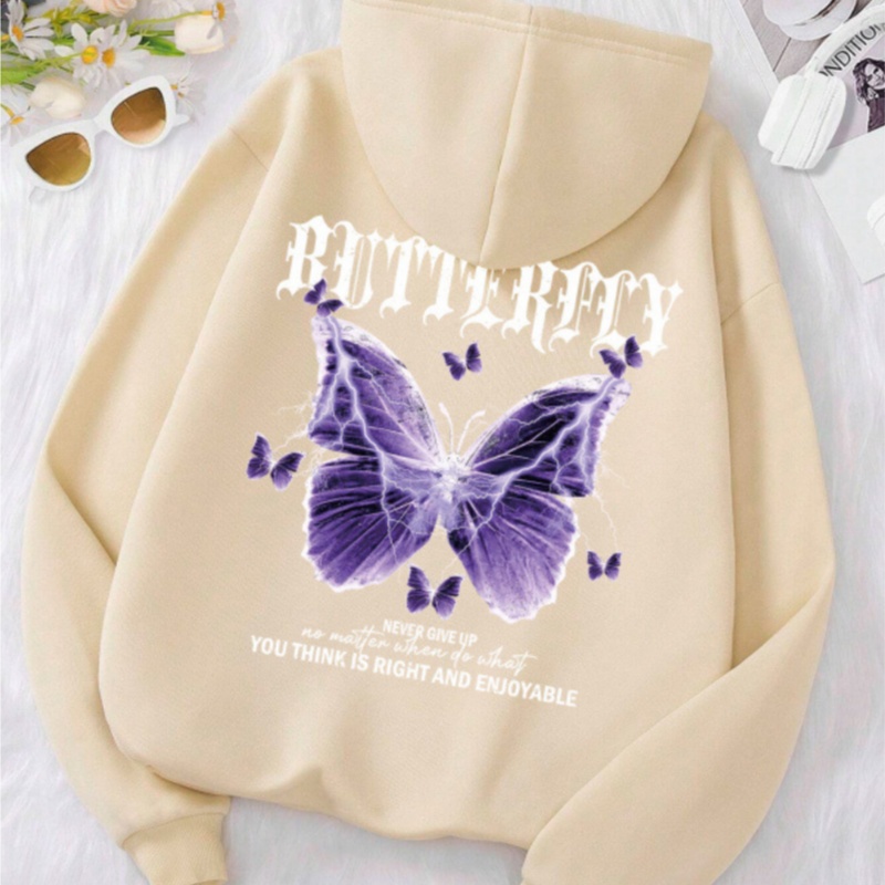 Purple Butterfly Sports Mic Top Hoodie Women&#39;s Print