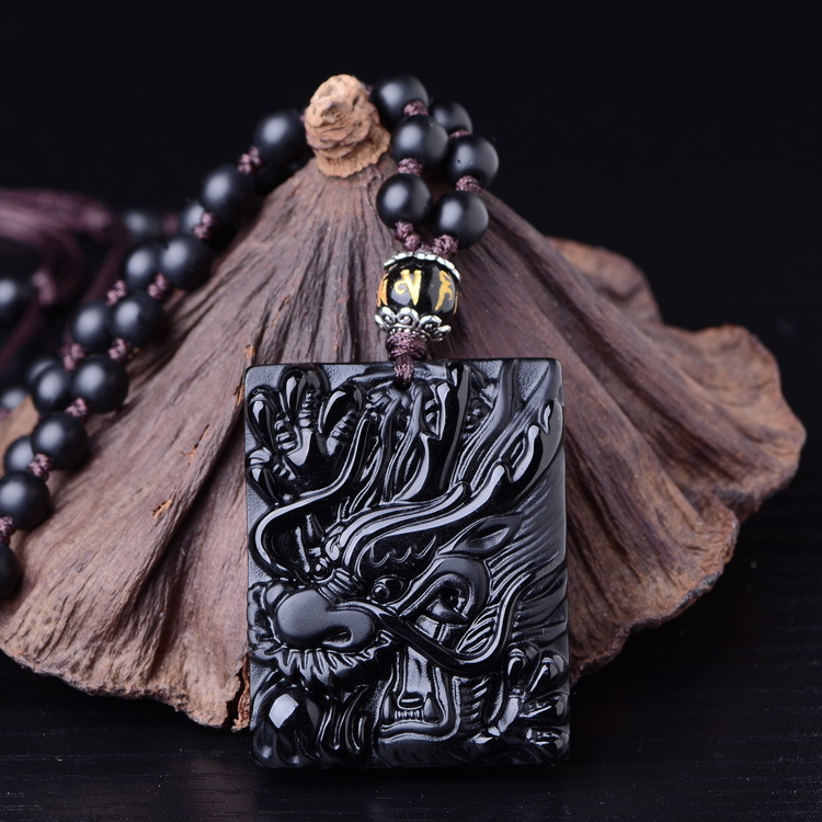 Obsidian Pendant Bead Necklace