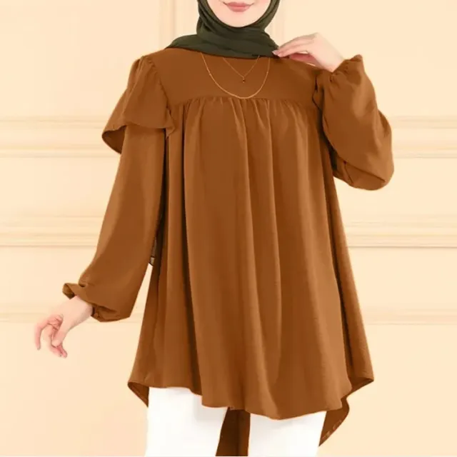 Solid Color Long Sleeve Loose Lotus Leaf Round Neck Top Shirt Chocolate M - Shop at LoveMi
