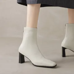 Women's Vintage Square Elastic Ankle Boots With Chunky Heels - White - View 1