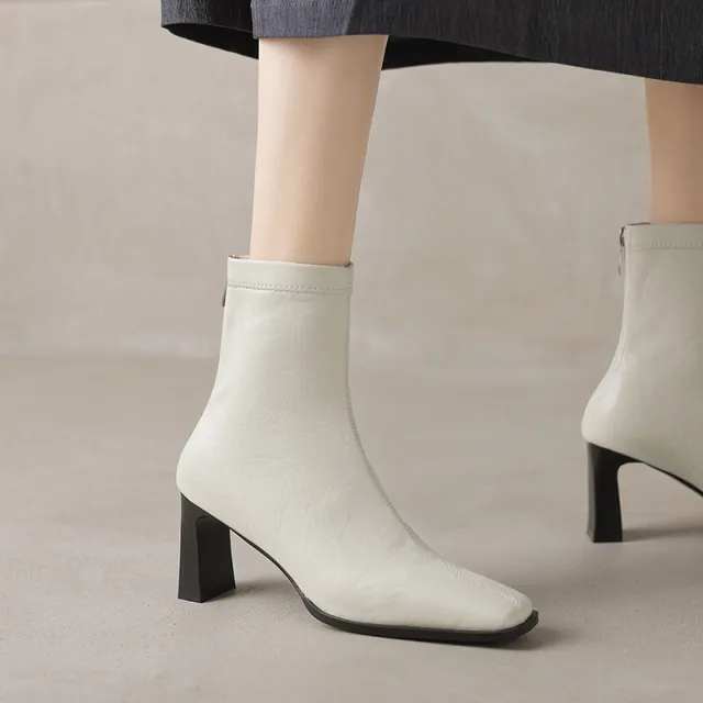 Women's Vintage Square Elastic Ankle Boots With Chunky Heels White - Shop at LoveMi