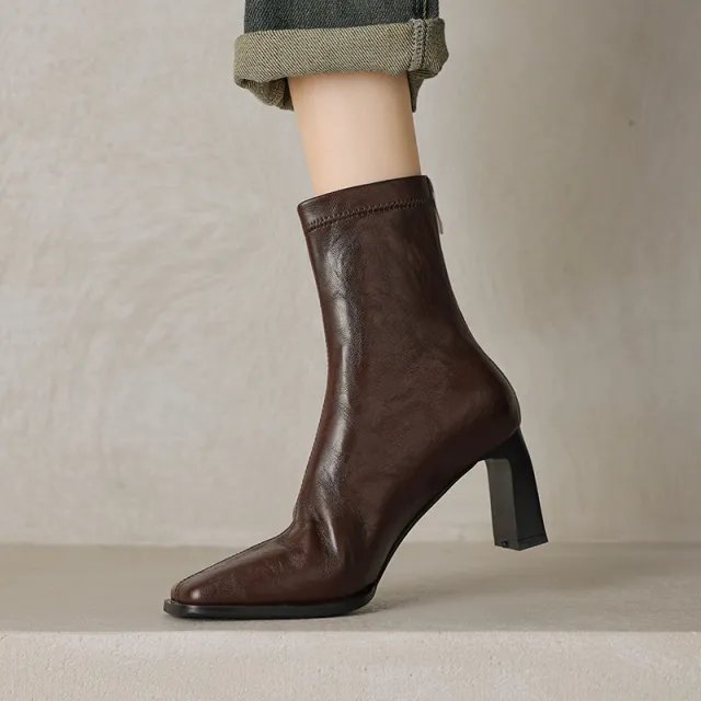 Women's Vintage Square Elastic Ankle Boots With Chunky Heels Brown - Shop at LoveMi