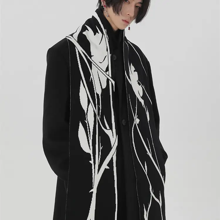 Original Hand-painted Black And White Thorn Rose Winter Neck Warmer Dehaired Angora Couple Scarf