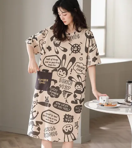Home Wear Thin Short Sleeve Loose Plus Size Plump Girls Women's Pajamas - 032 Pocket Money