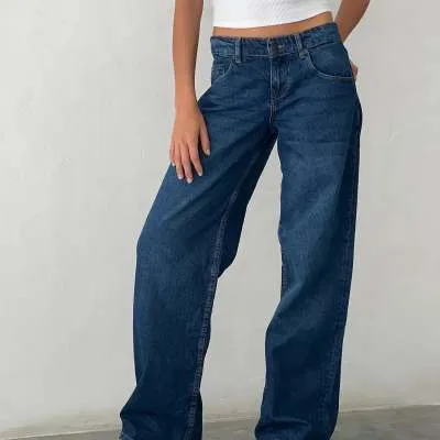 Street Wide Leg Denim Women's Pants - Navy Blue