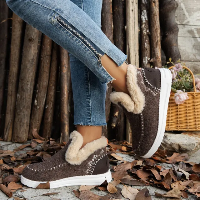 Fleece lined Thick Plush Boots Warm Sewing Flat Cotton Shoes Winter Ankle Boot Brown - Shop at LoveMi