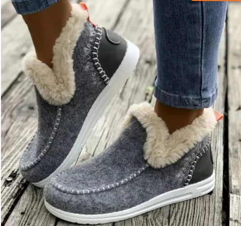 Fleece lined Thick Plush Boots Warm Sewing Flat Cotton Shoes Winter Ankle Boot Gray - Shop at LoveMi