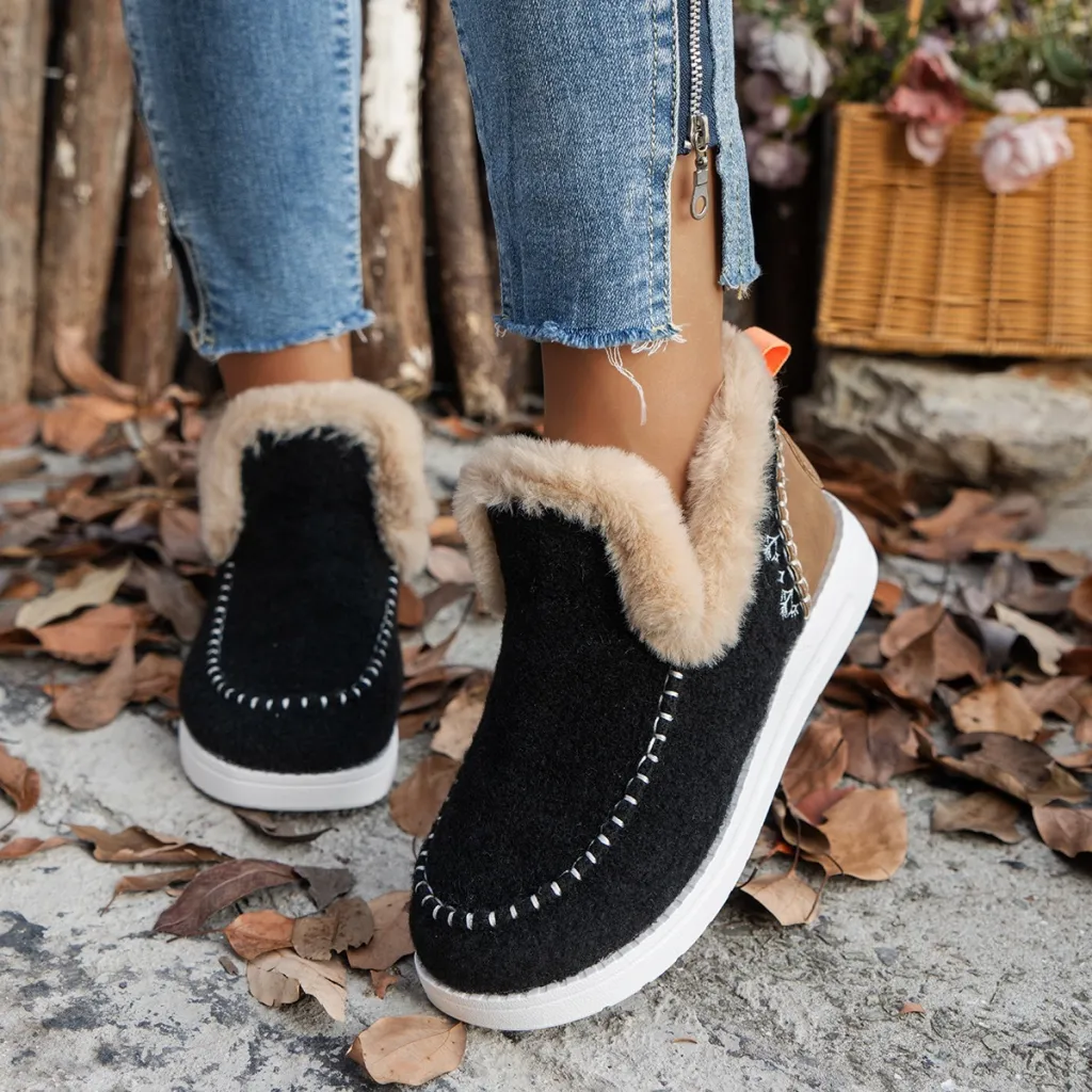 Fleece-lined Thick Plush Boots Warm Sewing Flat Cotton Shoes Winter Ankle Boot - Black