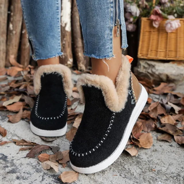 Fleece lined Thick Plush Boots Warm Sewing Flat Cotton Shoes Winter Ankle Boot Black - Shop at LoveMi