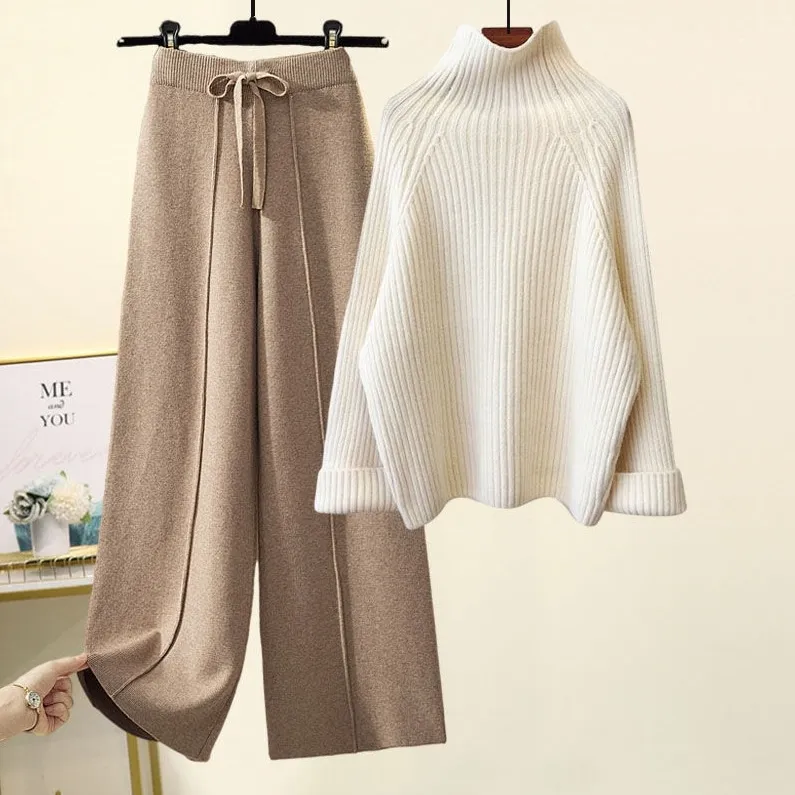 Thickened Coarse Yarn Knitwear Wide Leg Pants Two-piece Set - Style A