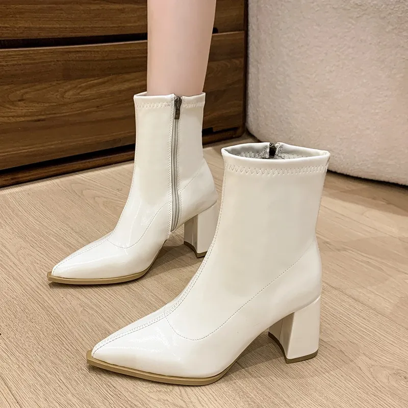 Pointed-toe High Heel Short Boots Women's French Style Small Ankle Boots - White