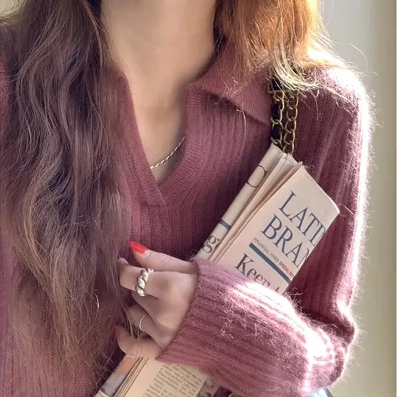 Plus Size Polo Collar Knitwear Retro Soft Glutinous Sweater Bottoming Shirt - Plum Color-Xl