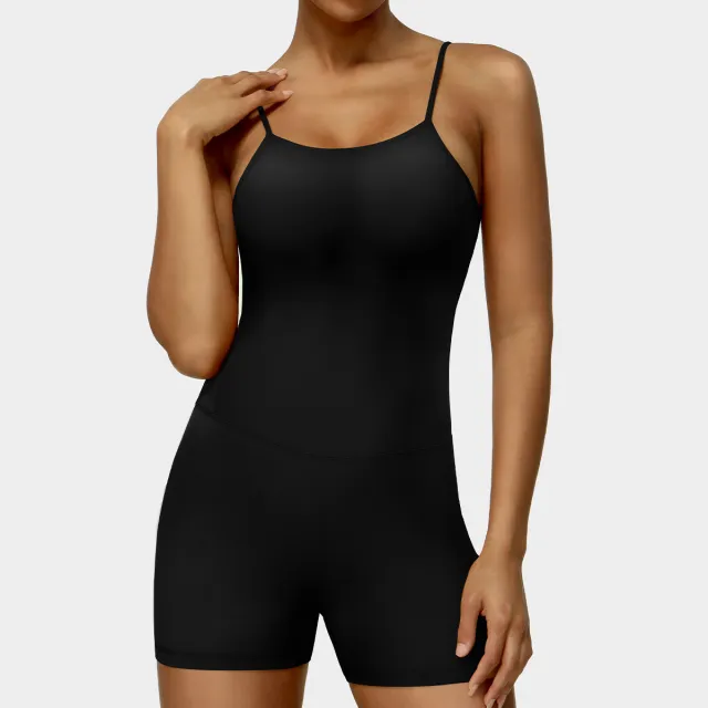 Thin Strap Yoga Clothes Shorts Suit Nude Feel One piece Workout Top Black - Shop at LoveMi