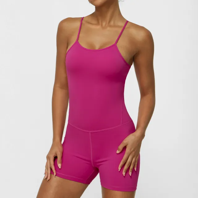Thin Strap Yoga Clothes Shorts Suit Nude Feel One piece Workout Top Rose Red - Shop at LoveMi