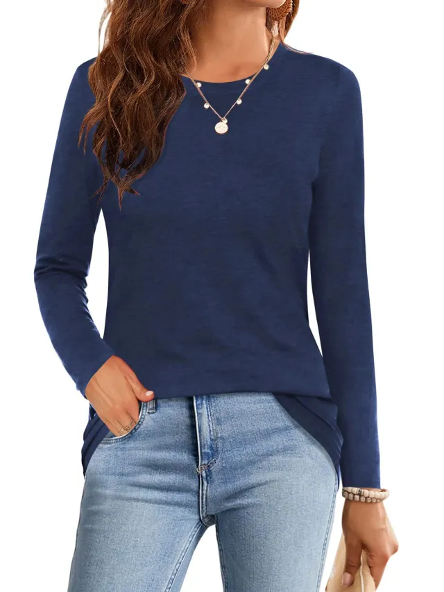 Solid Color Casual Round Neck Long Sleeve T shirt Navy Blue - Shop at LoveMi