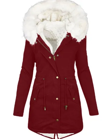 Women's cotton padded jacket with white collar Dark Red - Shop at LoveMi