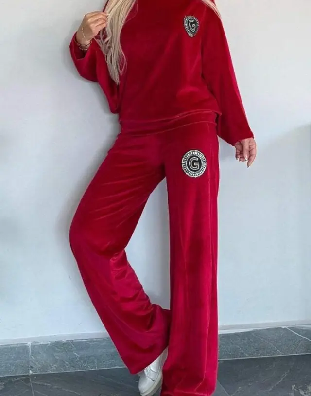 Velvet Solid Color Crew neck Batwing Sleeve Casual Two piece Suit Women's Clothing Red - Shop at LoveMi