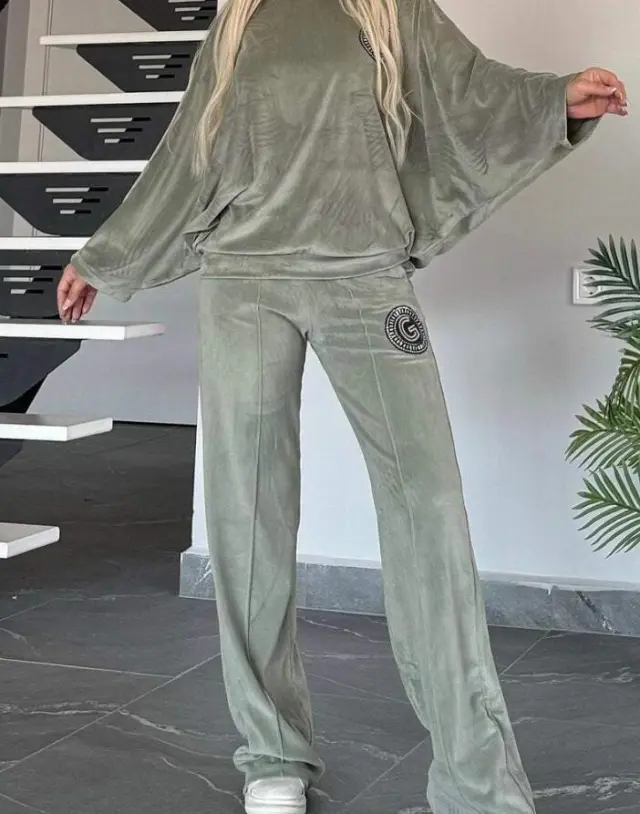 Velvet Solid Color Crew neck Batwing Sleeve Casual Two piece Suit Women's Clothing Gray - Shop at LoveMi