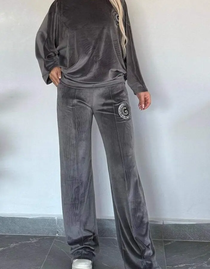 Velvet Solid Colour Crew-neck Batwing Sleeve Casual Two-piece Suit Women's Clothing - Dark Grey